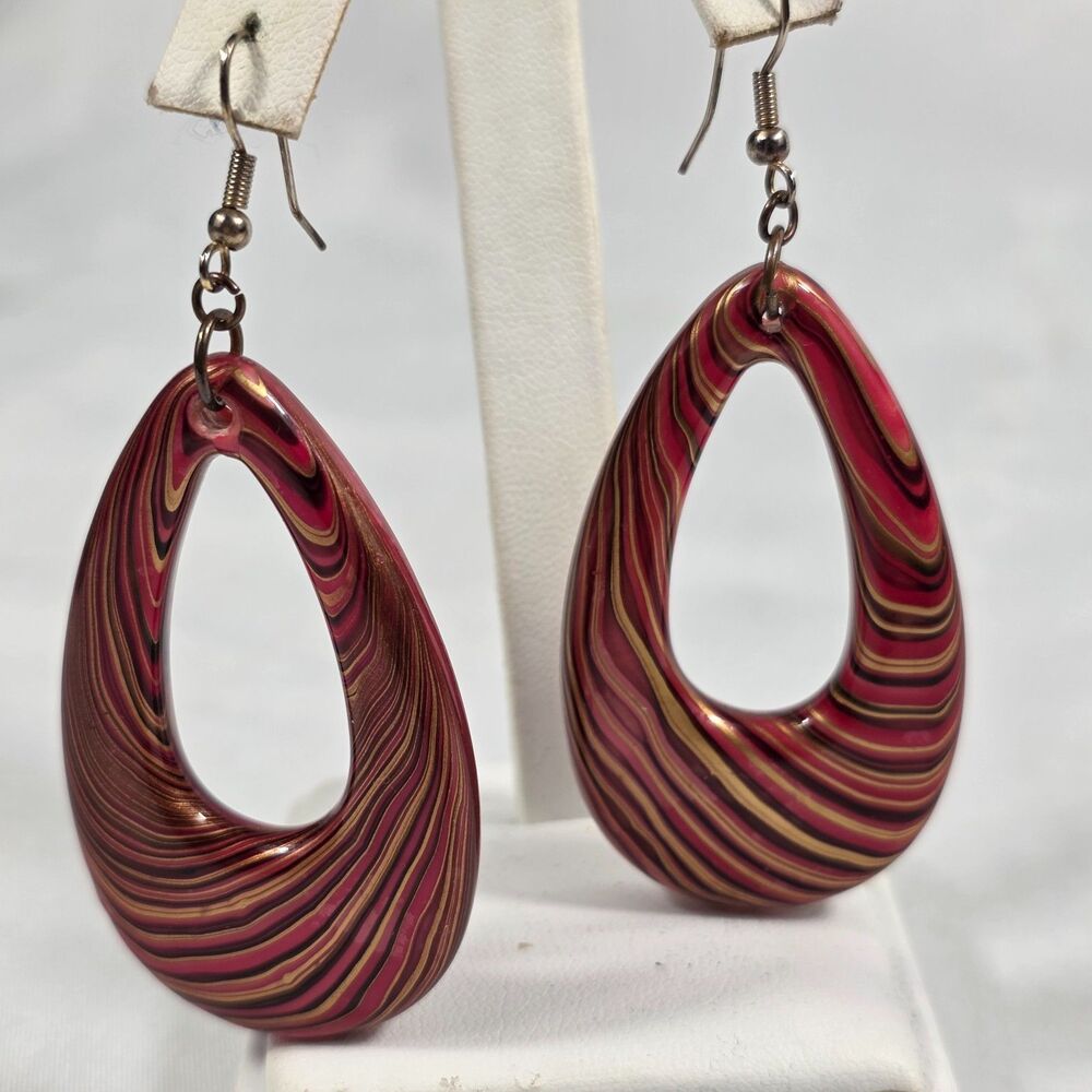 Vintage Lucite Marbled Teardrop Hoop Earrings Red Gold Swirl Dangle Statement